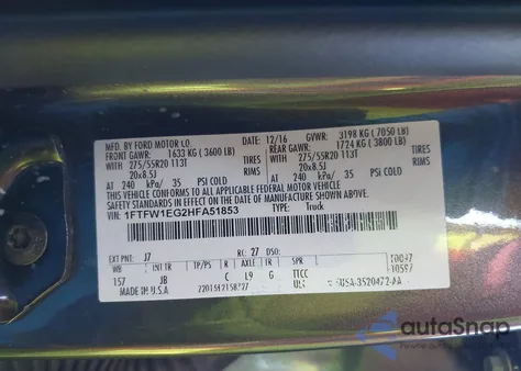 2017 Ford F-150 Xlt из США, поврежденный, VIN 1FTFW1EG2HFA51853